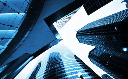Corporate Business Towers. Downtown Skyscrapers Bluish Concept.